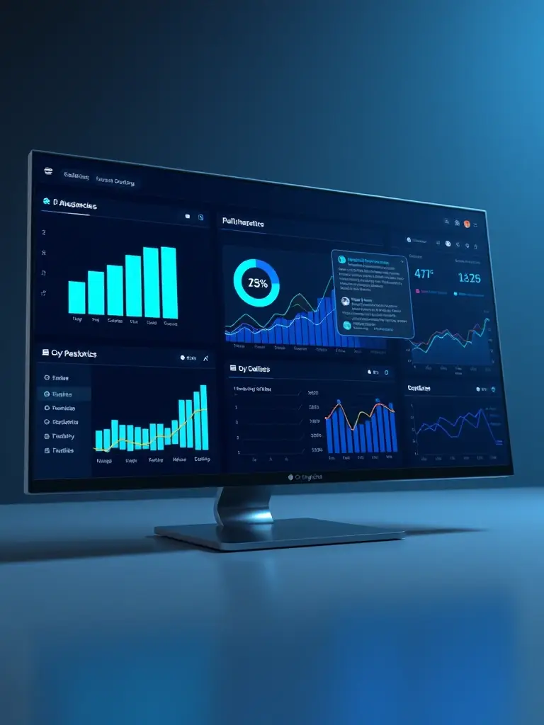 A futuristic dashboard displaying real-time analytics with neon graphs and performance metrics, used to showcase the Performance Watcher service on the 4M AI Agency website.