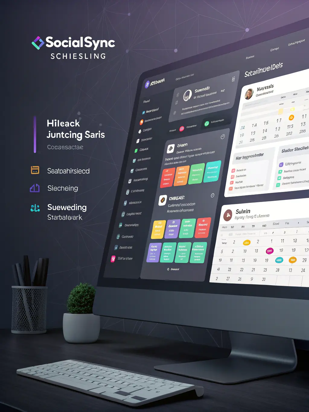 A sleek dashboard interface with neon-highlighted scheduling calendar and multiple social media icons, used to showcase the Multi-Post Scheduler service on the 4M AI Agency website.